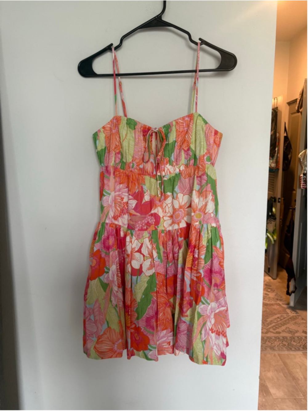 AMUR Eriel Tropical Floral Tiered Linen Mini Dress 0